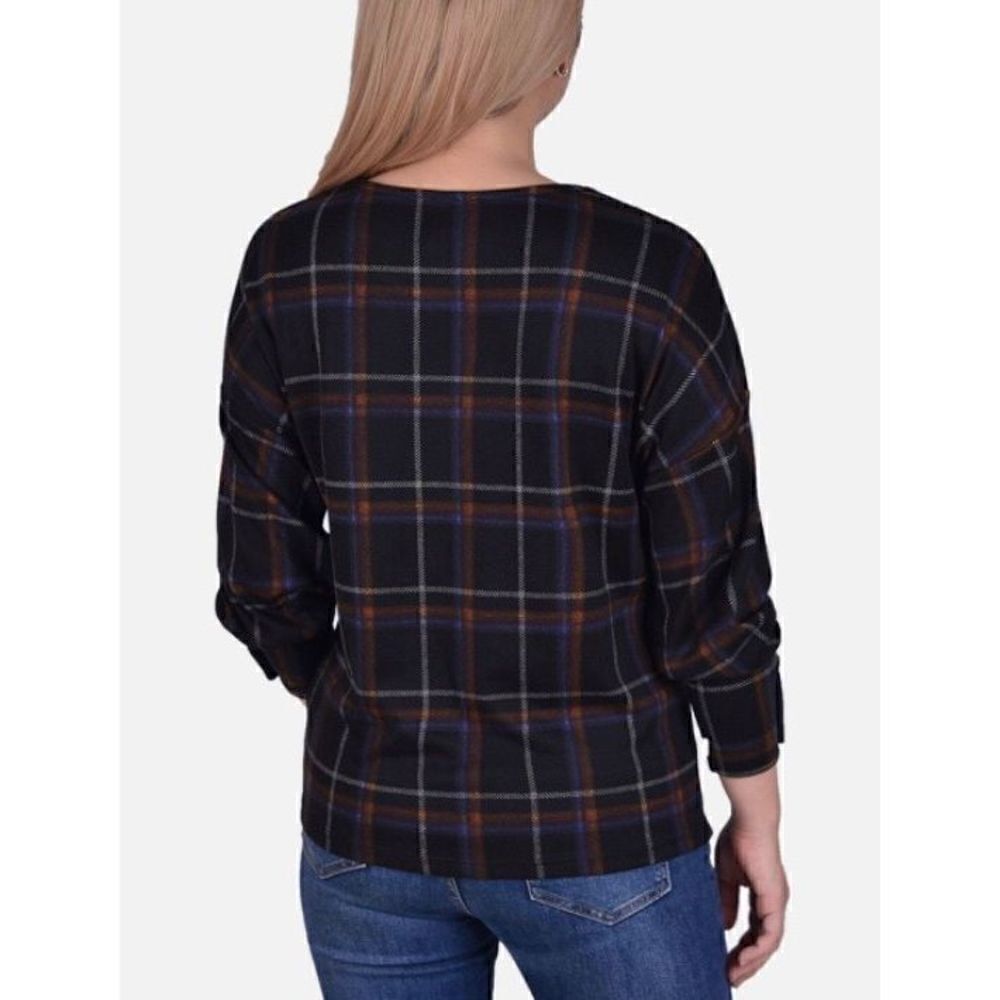 NY COLLECTION - NWT - L Sz 1X Long-Sleeve, Plaid, Cris-Cross Top w/Button Cuffs - Picture 6 of 15